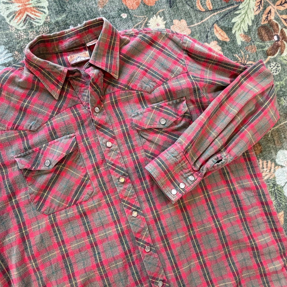 Brentwood Mens Vintage Western Flannel Shirt Red Plaid Pearl Snap Cotton Large